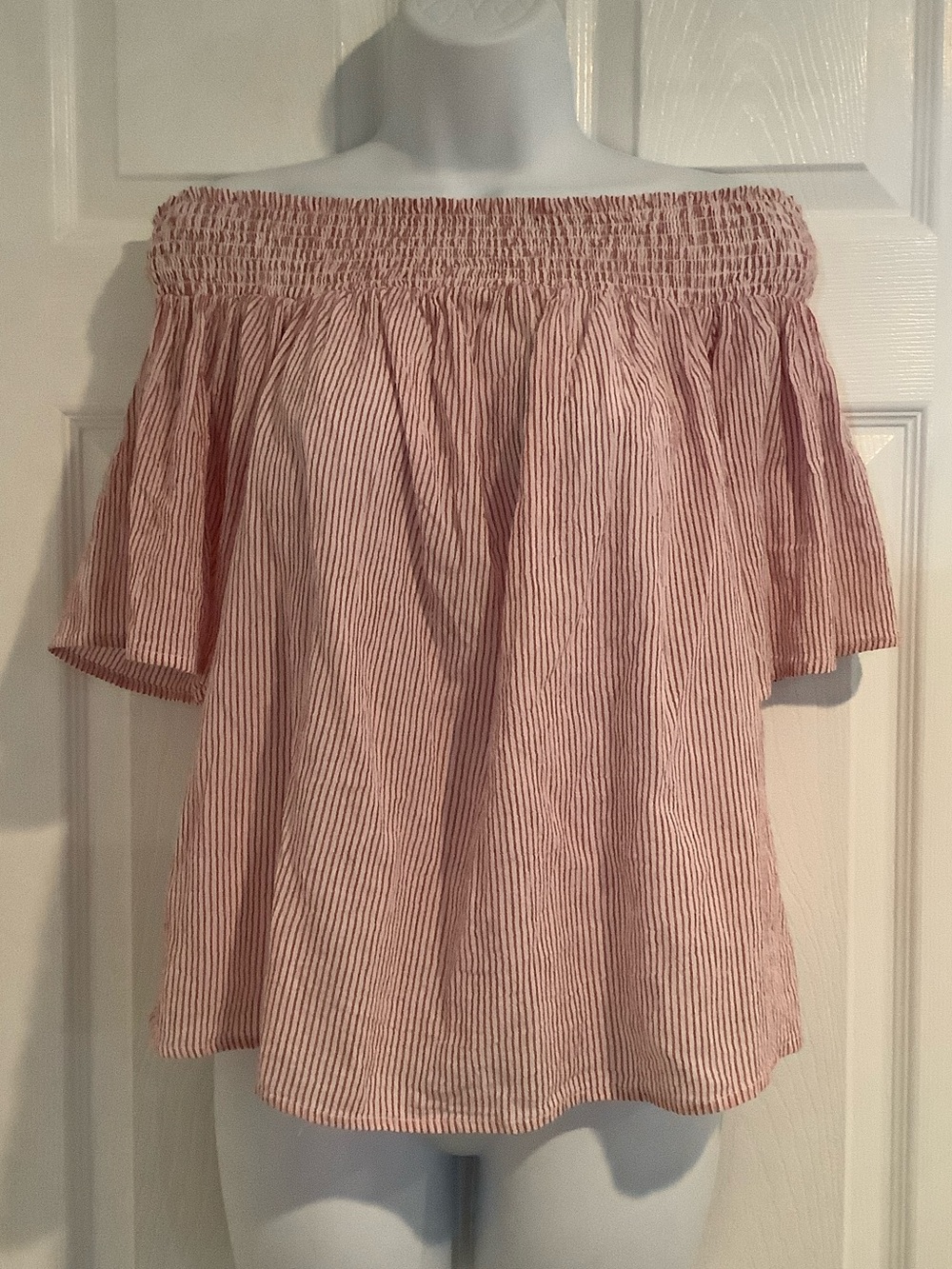 CAVALINI 100% Cotton Red/White Striped Off The Shoulder Coastal Grandma Blouse M